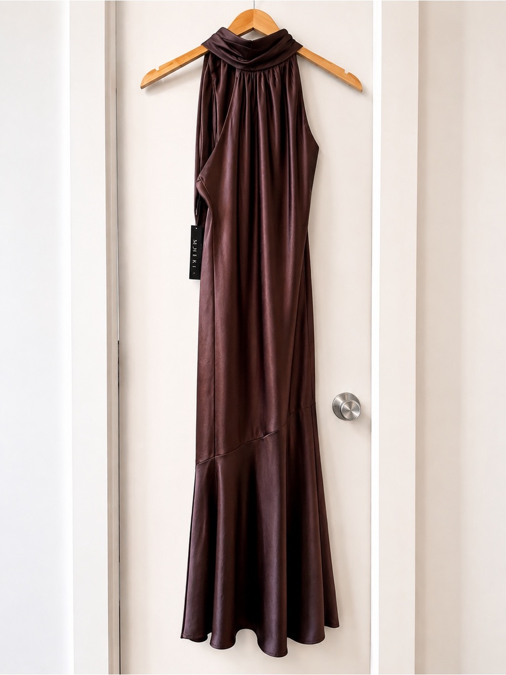 Birdy Grey Satin Halter Maxi Dress in Chocolate Brown